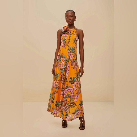 FARM Rio Dresses & Skirts - Farm Rio Orange Wonderful Bouquet Maxi Dress rosette halter neck
